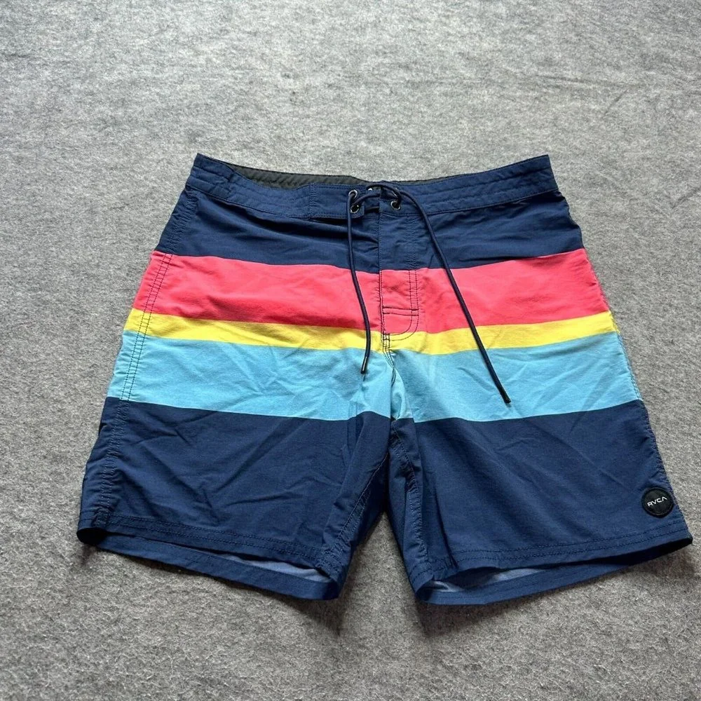 RVCA Boardshorts Men 32 Blue Yellow Pink Stretch Nylon 7" Back Pocket